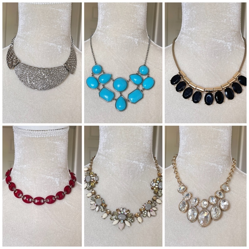 Bundle of Six Statement Necklace Gold Silver Tone Beads Rhinestones Blue Red